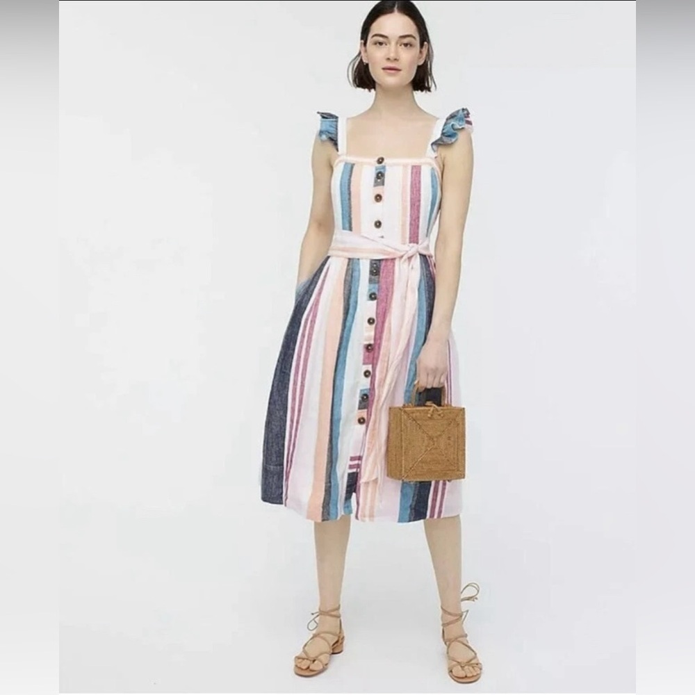 J CREW Linen Button-up midi dress in mixed stripe Multicolor Sleeveless Lined - Picture 4 of 15
